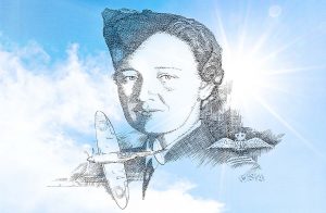 Sketch drawing of women’s aaviation pioneer Hazel Jane Raines on a sky background