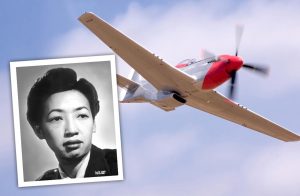 Photo of Hazel Ying Lee, the first Chinese American woman to fly for the U.S. military, over a blue sky with a P-51 Mustang airplane