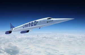 Artist rendering of a United Airlines Boom Supersonic airplane in flight