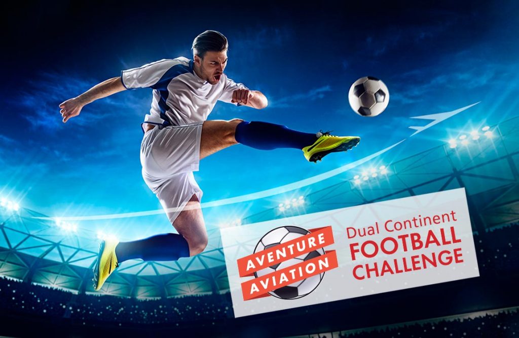 Jumping Football player kicking ball in stadium – Aventure Aviation Dual Continent Football Challenge