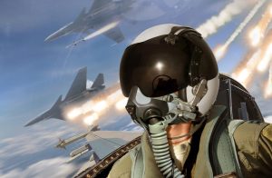 Close up of fighter pilot with two fighter jets in background firing missiles