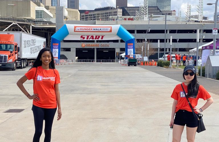 Aventure Aviation's Chelsea Griffin and Lyly Cao at the start of the hunger walk in Atlanta, Georgia.