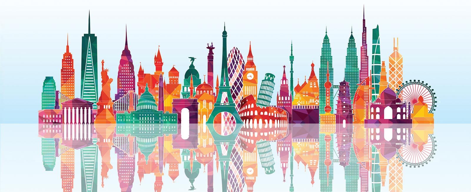 Illustration of world landmarks as one colorful big city