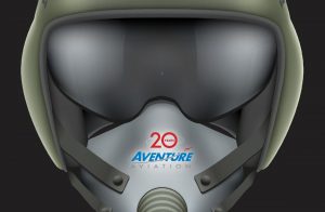 Fighter pilot helmet and mask with Aventure Aviation 20 years logo