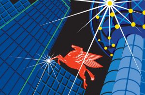 Illustration of the neon Pegasus sign in the skyline of Dallas, Texas