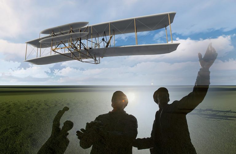 Wright Brothers aircraft flying in the sky as three figures wave from the ground