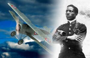 Composite image of a Black WWI pilot looking towards the sky at a French WWI monoplane