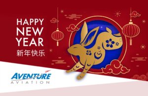 Happy New Year from Aventure Aviation – Illustration of a rabbit jumping