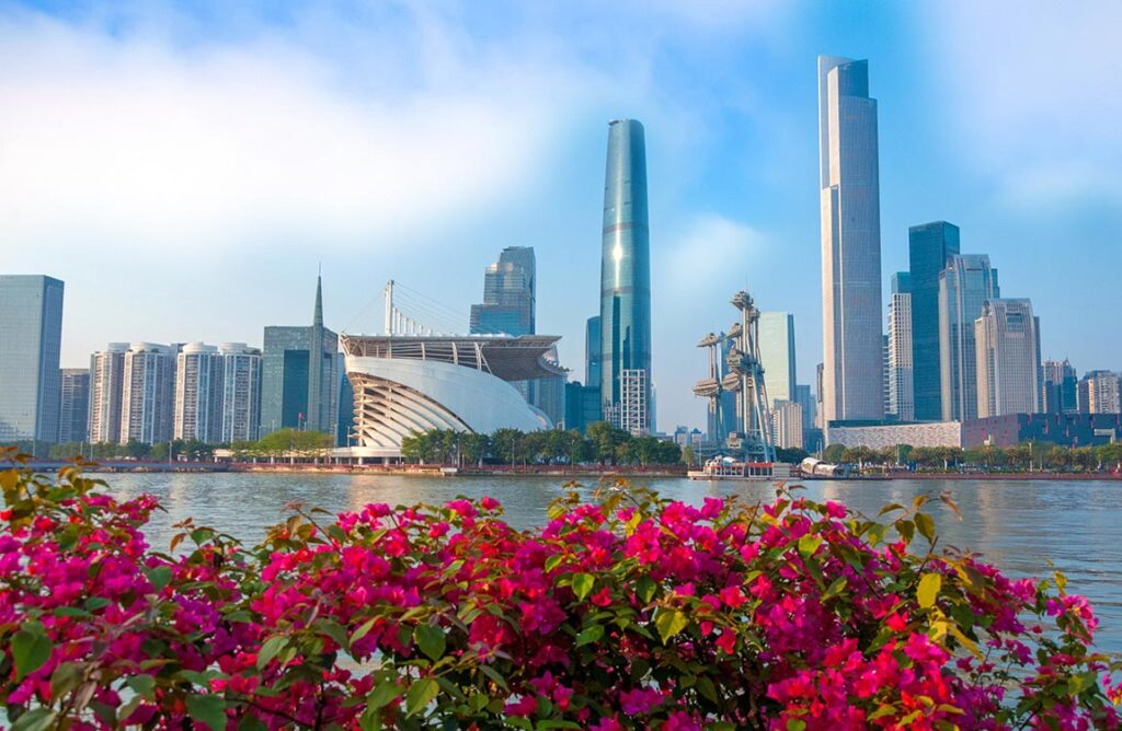 The modern skyline of Guangzhou, China over the Pearl River with blooming pink flowers at the foreground