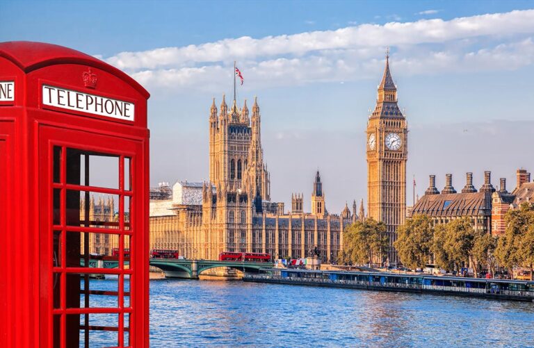 London Houses of Parliament and Big Ben across the river from a classic red British telephone booth