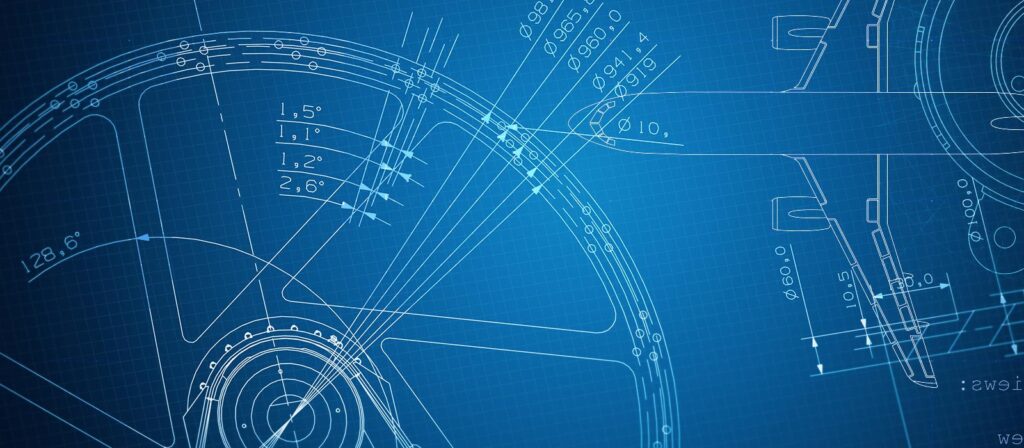 Blueprints of parts, with many circles, lines and numbers