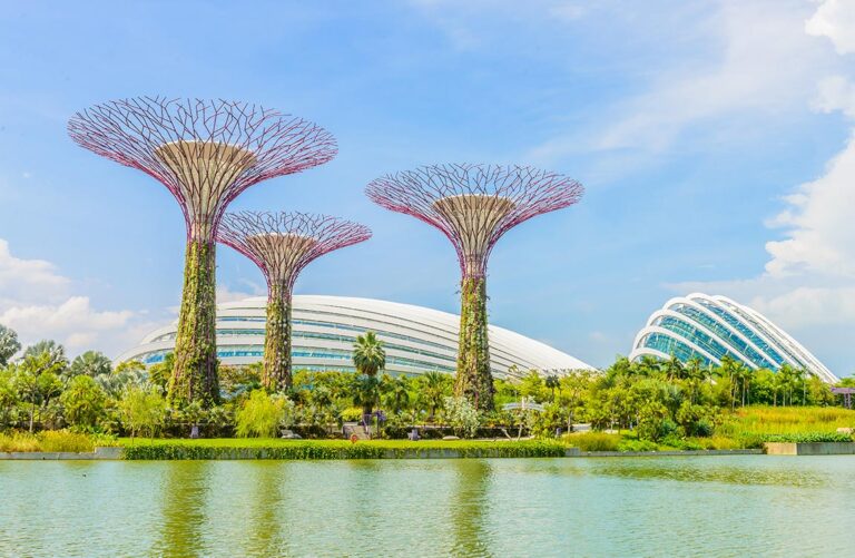 Three huge artificial trees towering above a lush green forrest, a lake, and two futurist oval shaped buildings