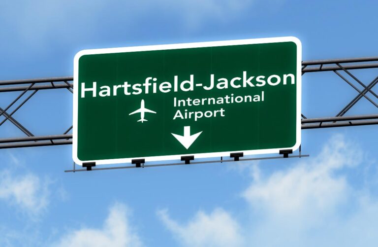 Highway sign saying "Hartsfield-Jackson Atlanta International Airport" in front of a bright blue sky with clouds