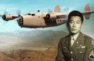 Japanese American WW2 aviator Ben Kuroki in uniform in front of a colorful illustrated image of a WW2 bomber in flight