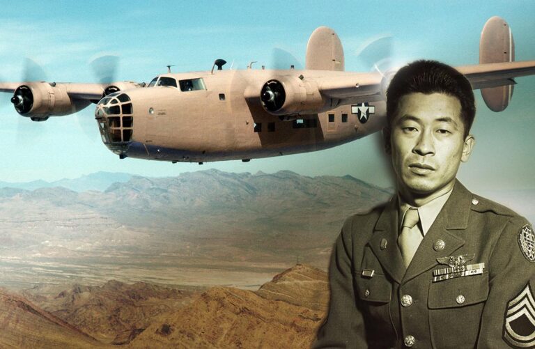 Japanese American WW2 aviator Ben Kuroki in uniform in front of a colorful illustrated image of a WW2 bomber in flight