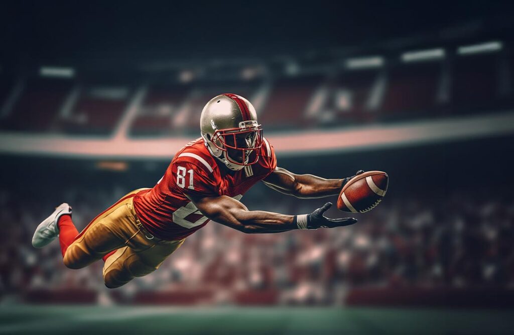 An American football player in a stadium dives to catch a football