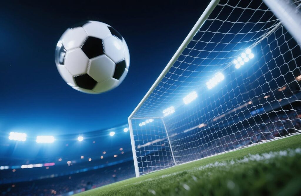 A soccer ball flies through the air towards a goal in a stadium at night