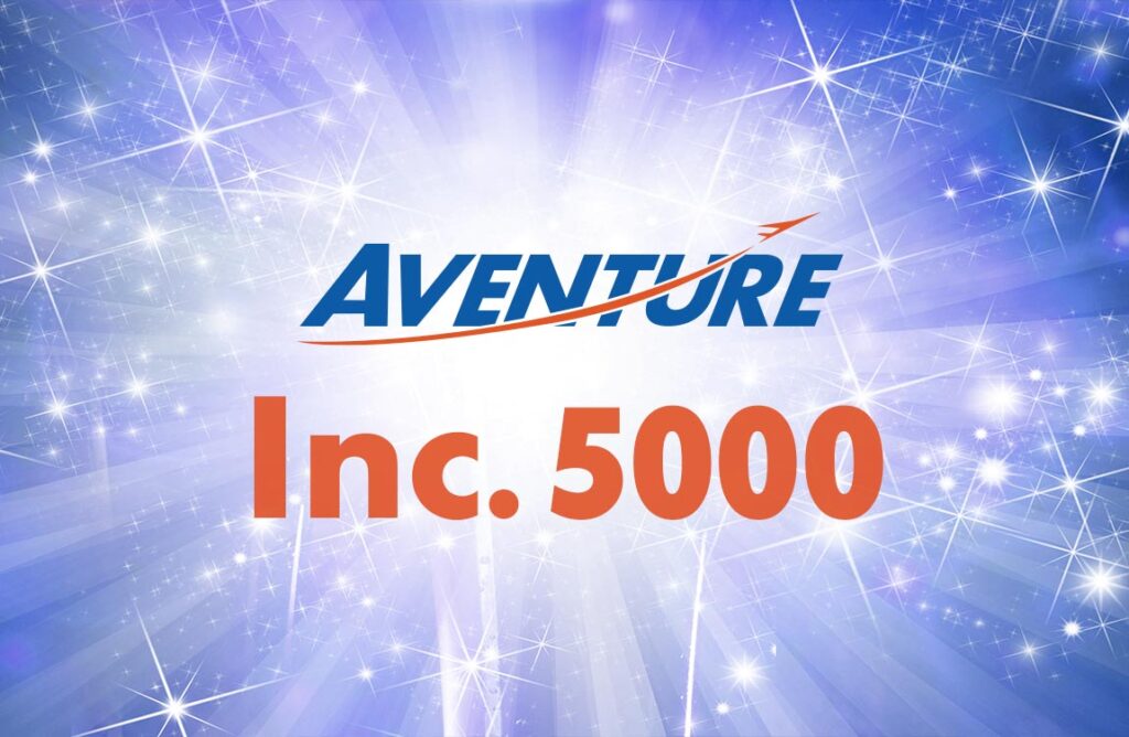 Aventure logo and text saying "Inc. 5000" on a celebratory background of stars