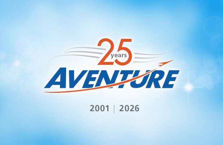 A beautiful blue sky with the Aventure Aviation logo and words "25 Years Aventure 2001–2026"