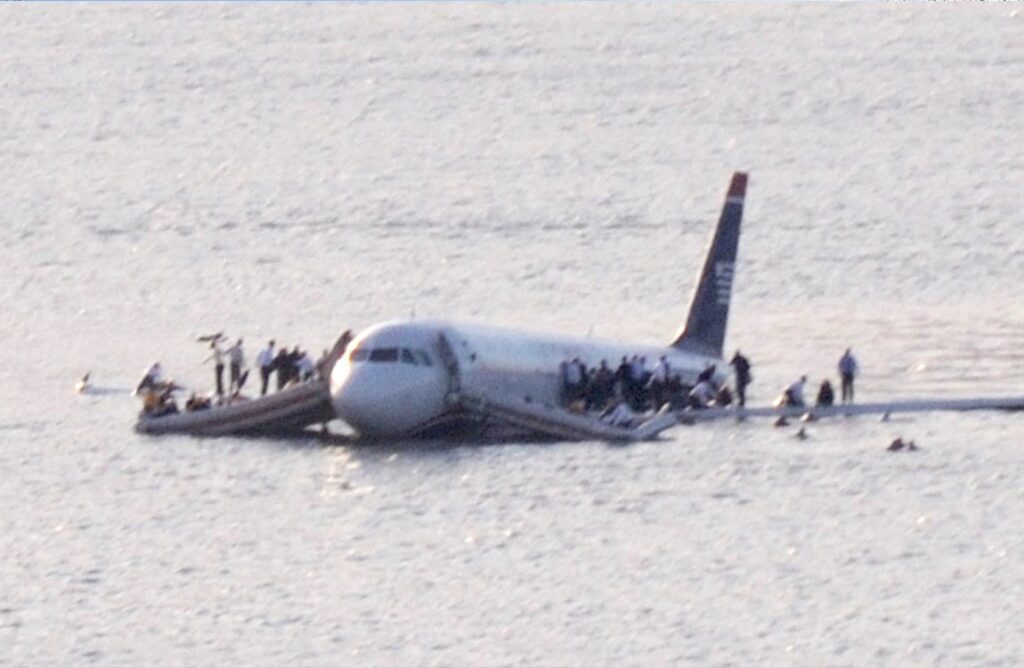 A commercial aircraft floats on a body of water, with people standing on its wings and evacuation slides