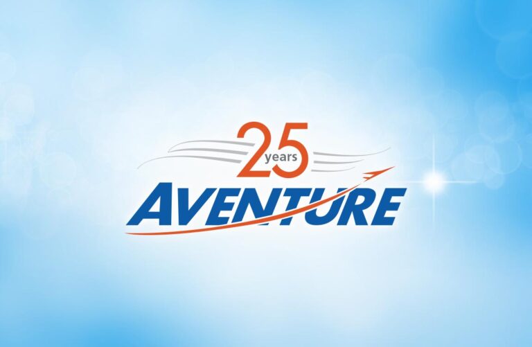 Logo saying "25 Years Aventure" on a sky background