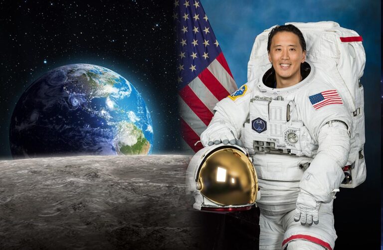 NASA Astronaut Johnny Kim in a spacesuite with American flag in background merged with an image of the moon with the Earth appearing over the horizon