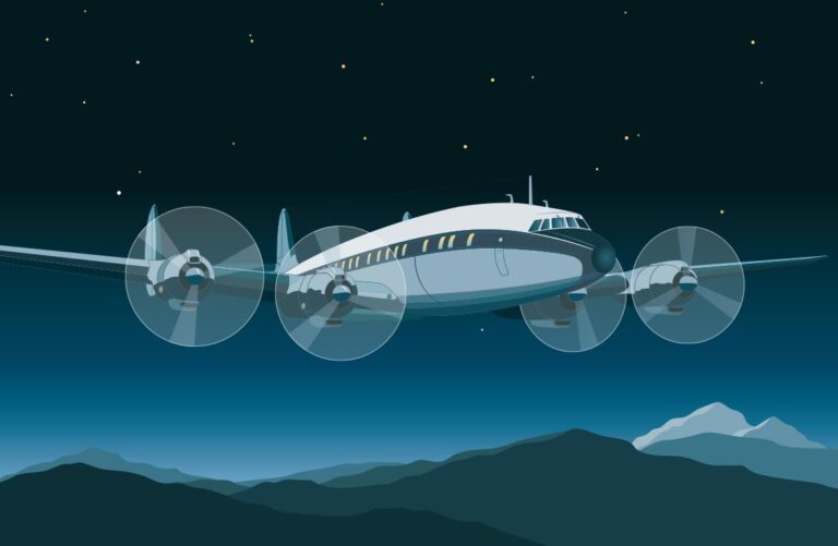 Illustration of a 1960s Super Constellation Vintage Propliner nightflight over mouintains