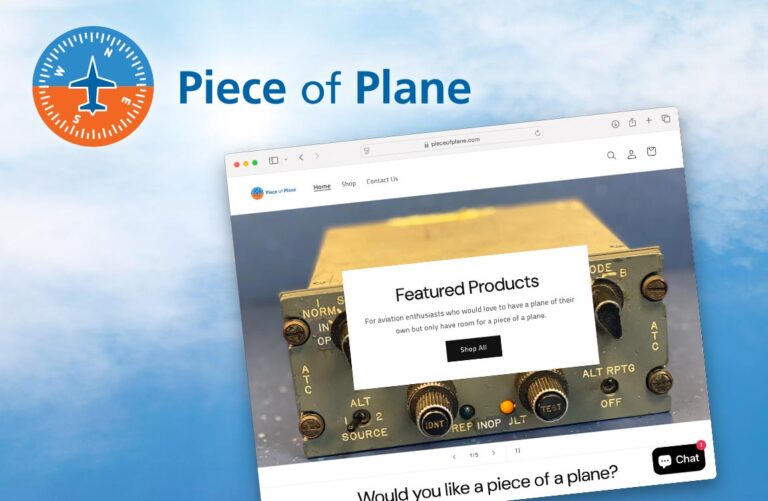 Photo composition of a website browser screen over a sky background with a logo saying "Piece of Plane"