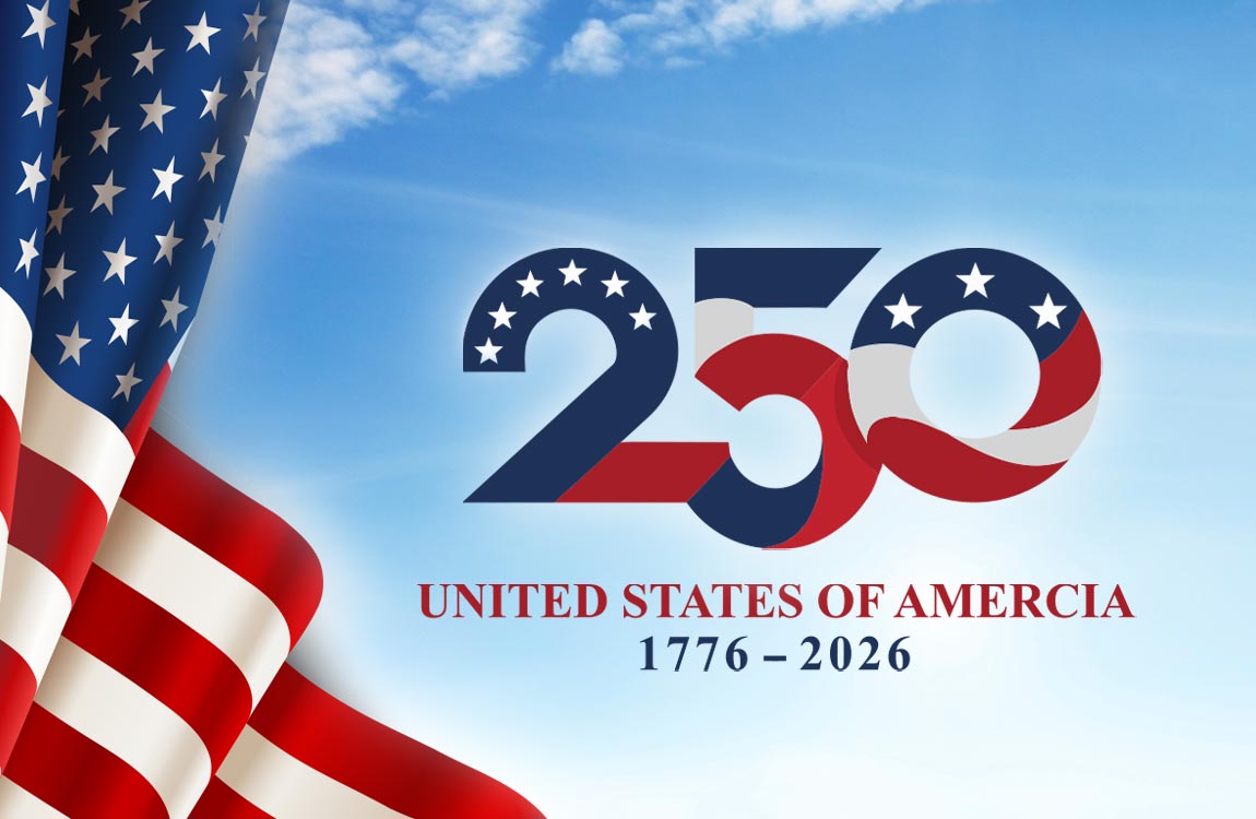 American Flag and stylized text saying "250 United States of America 1776–2026" with a sky background