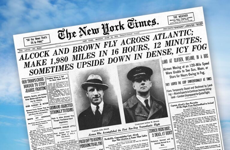 Newspaper with headline story about the first nonstop transatlantic flight