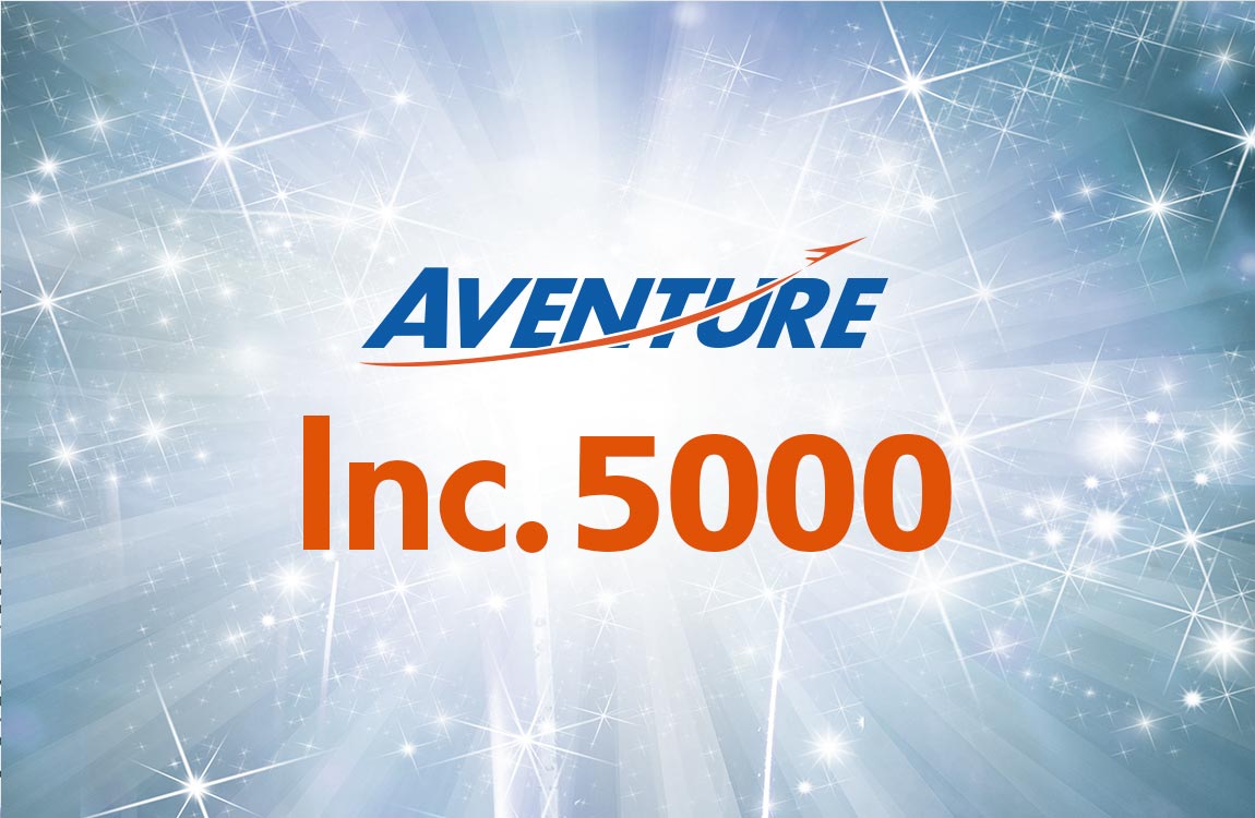 The Aventure Aviation logo and "Inc. 5000" on a celebratory background of stars