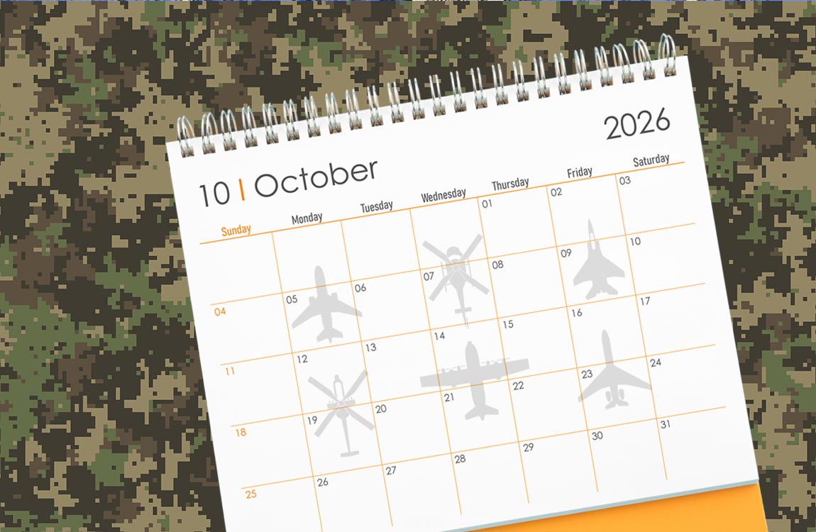 A calendar saying "October 2026" against a camouflag background
