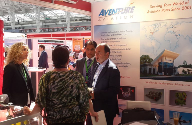 Aventure Aviation staff greet visitors to their booth at ap&m Europe.